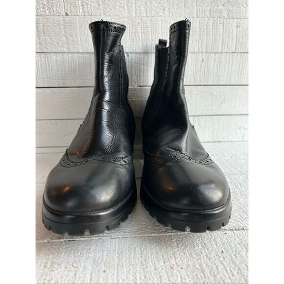 Goth Punk Chunky Lug Sole Brogue Chelsea Boots Black Leather Wingtip - Picture 3 of 9